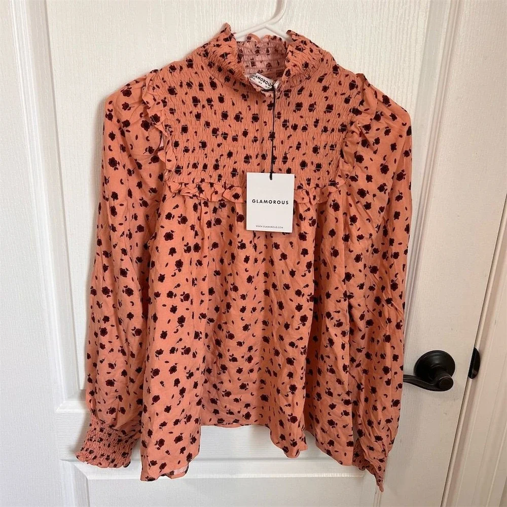 Glamorous Peach Ditsy Floral Smocked Ruffle High Neck‎ Blouse KK0139 Womens US 4